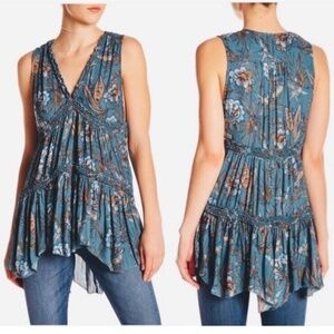 Free People Haze Sleeveless Floral Boho Tunic Top Teal Size Small Cottagecore